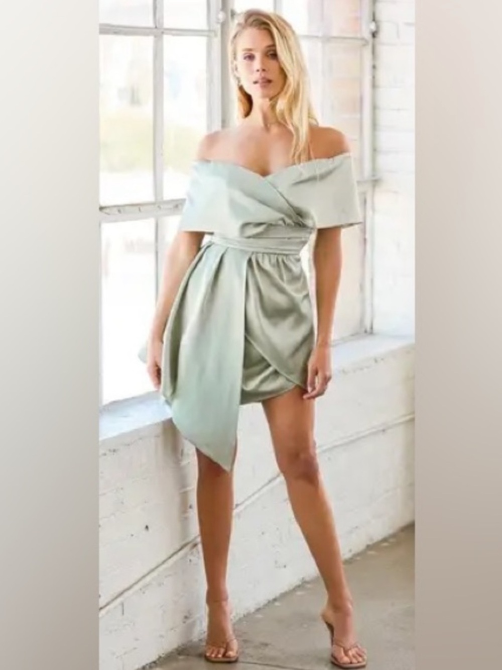 Lulu's Always Celebrating Sage Green One-Shoulder Wrap Mini Dress